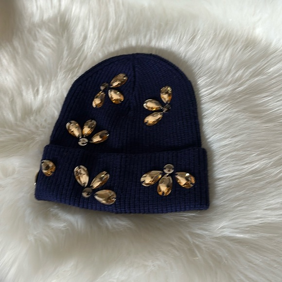 Anthropology Beanie Crystal Embellished Navy Blue - Picture 1 of 3